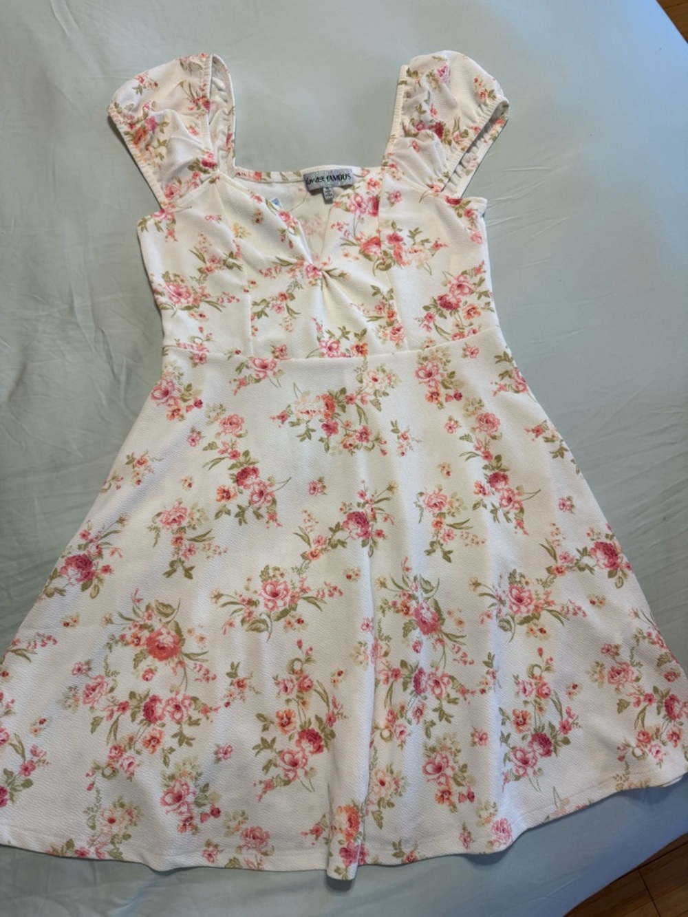 Floral Dress -  White with Pink Roses